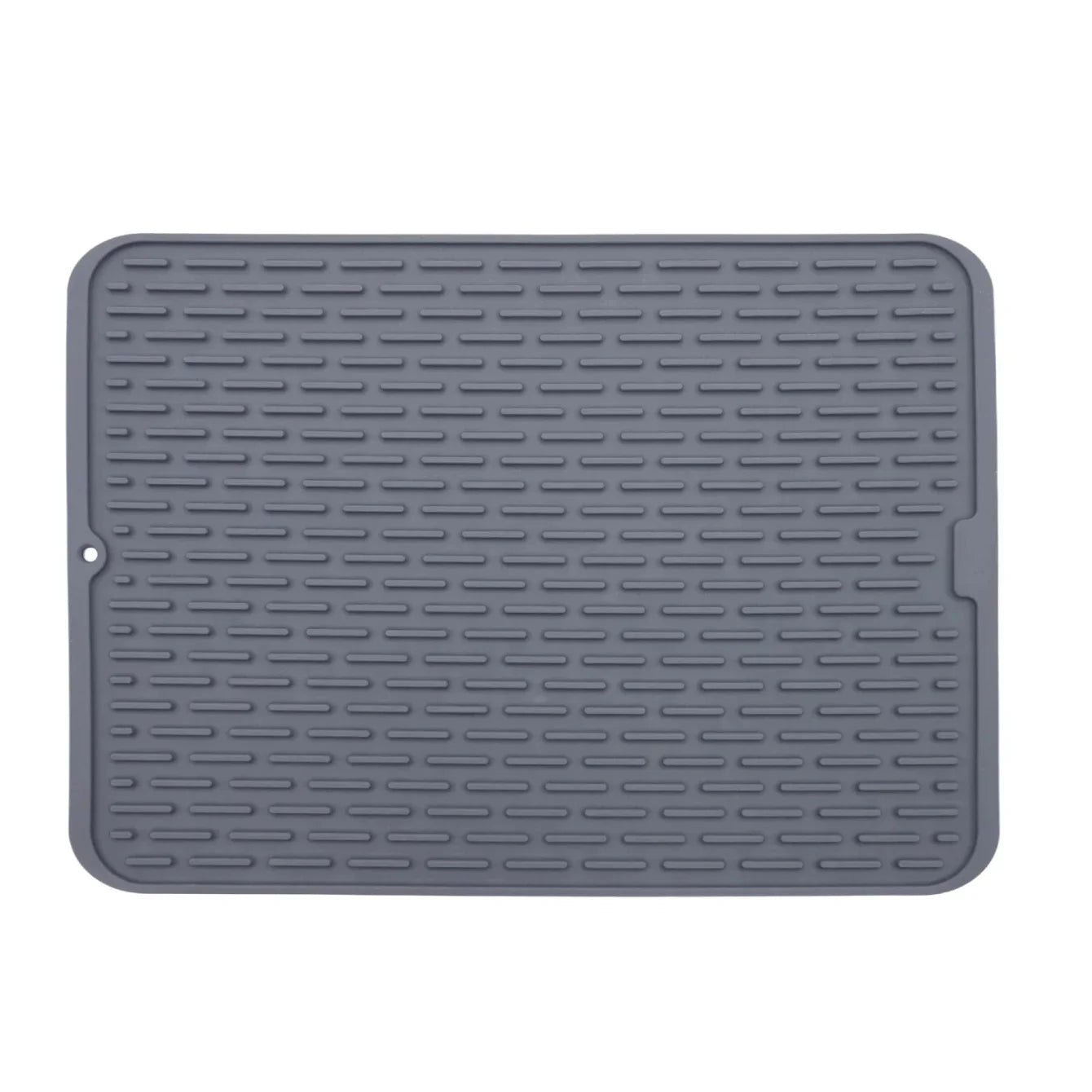 Gray silicone dish drying mat with raised drainage grooves, rounded corners, and hanging hole for kitchen countertop use