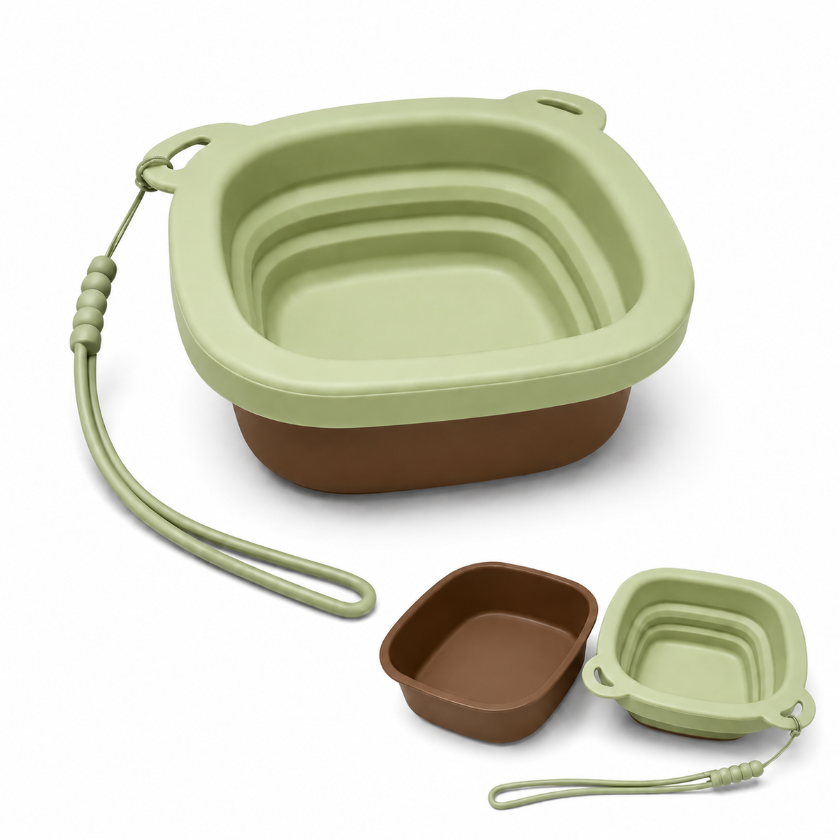 Green and brown foldable pet feeding bowl with carrying loop