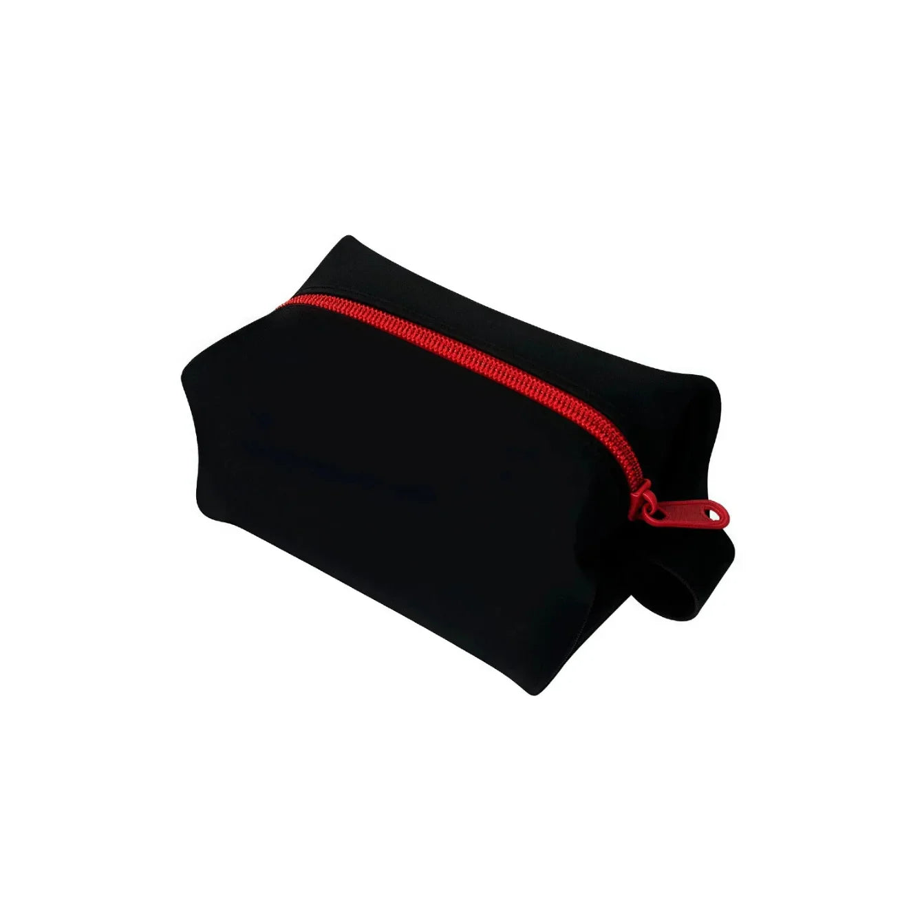 Black silicone toiletry bag with a contrasting orange zipper, flexible shape, and convenient carry loops on a white background.