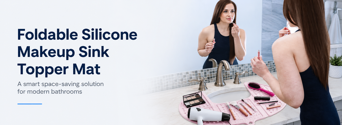 Foldable silicone makeup sink topper mat holding beauty tools and a hair dryer on a bathroom vanity.