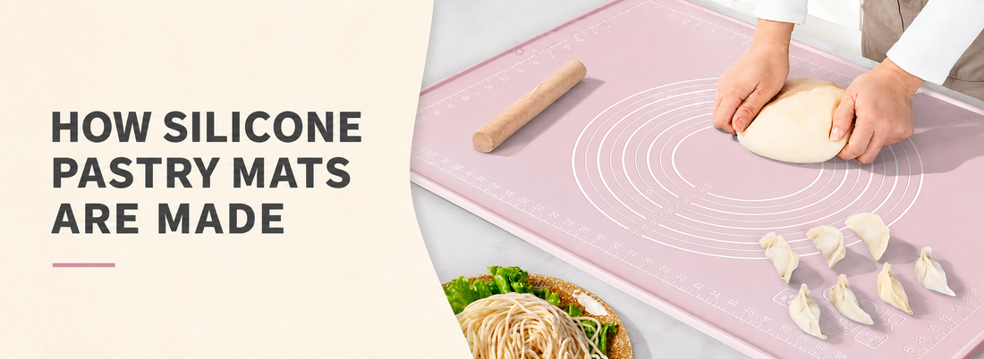 How silicone pastry mats are made, featuring a pink measurement mat used for rolling and kneading dough.