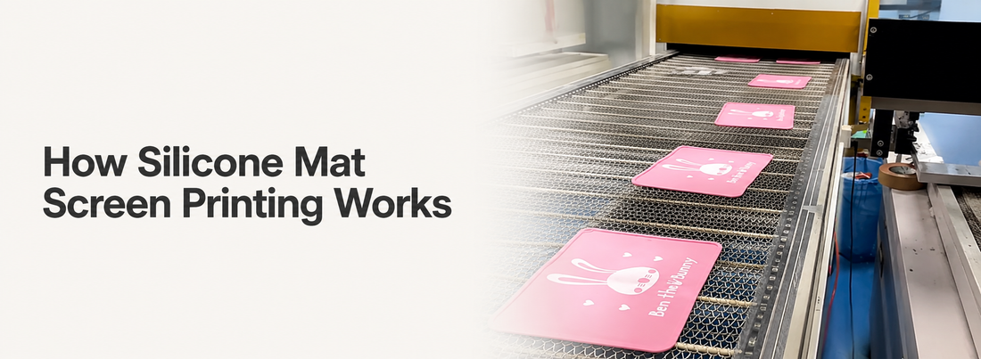 Silicone mat screen printing process with pink mats moving through a conveyor drying machine.