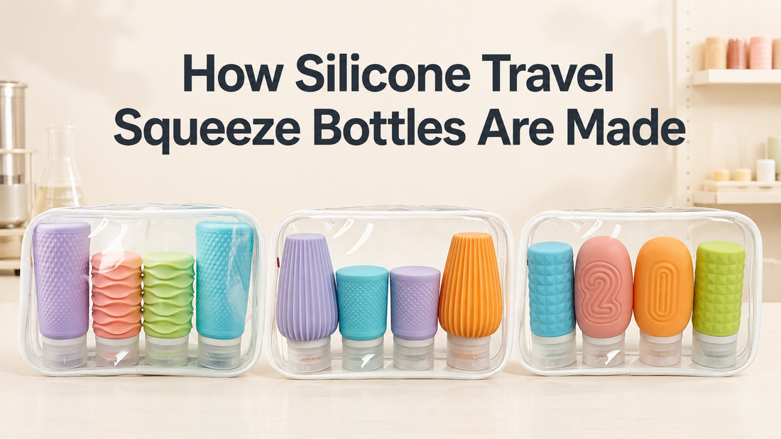 Three sets of colorful silicone travel squeeze bottles displayed in clear toiletry bags