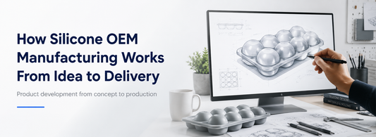 Silicone OEM manufacturing concept showing product design development from idea to production on a computer screen.