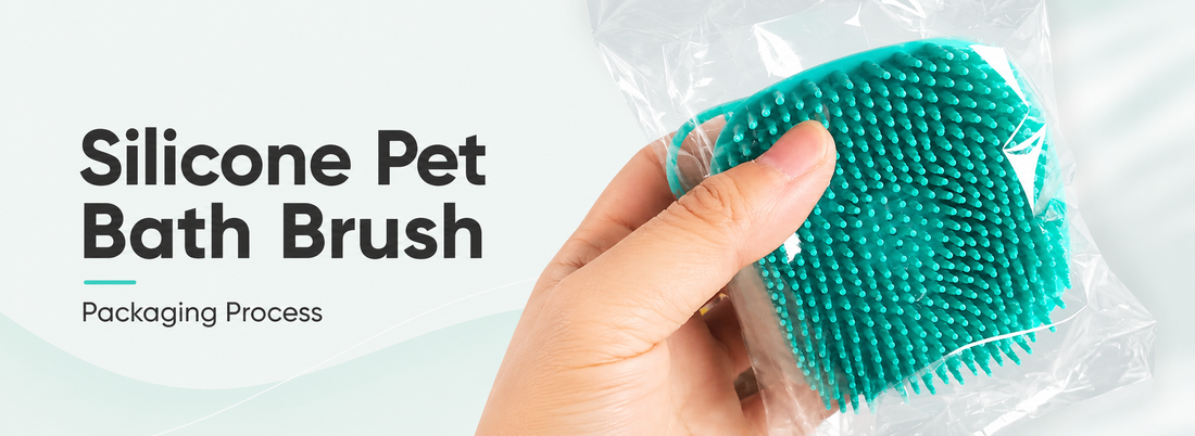 Silicone pet bath brushes with built-in shampoo dispensers prepared for packaging and custom orders.