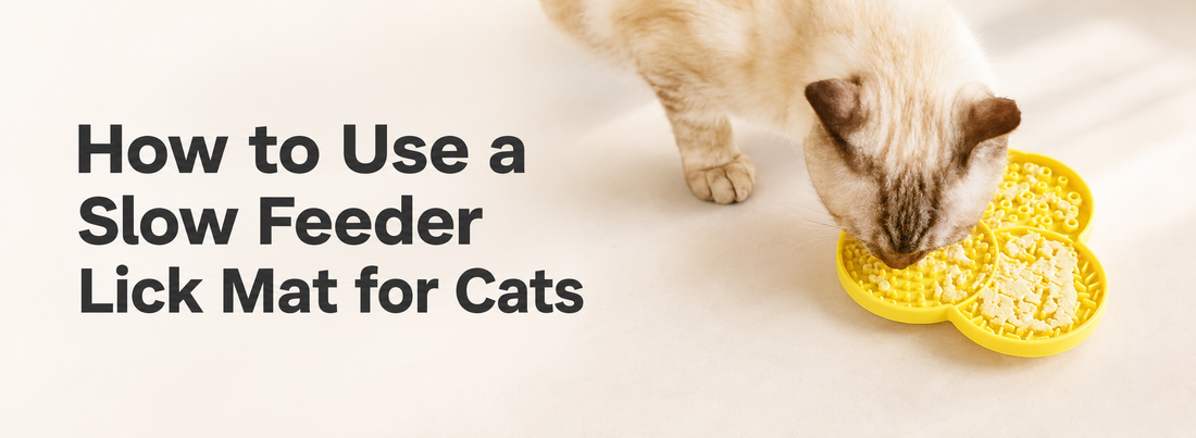 Cat using a yellow slow feeder lick mat with the title “How to Use a Slow Feeder Lick Mat for Cats.