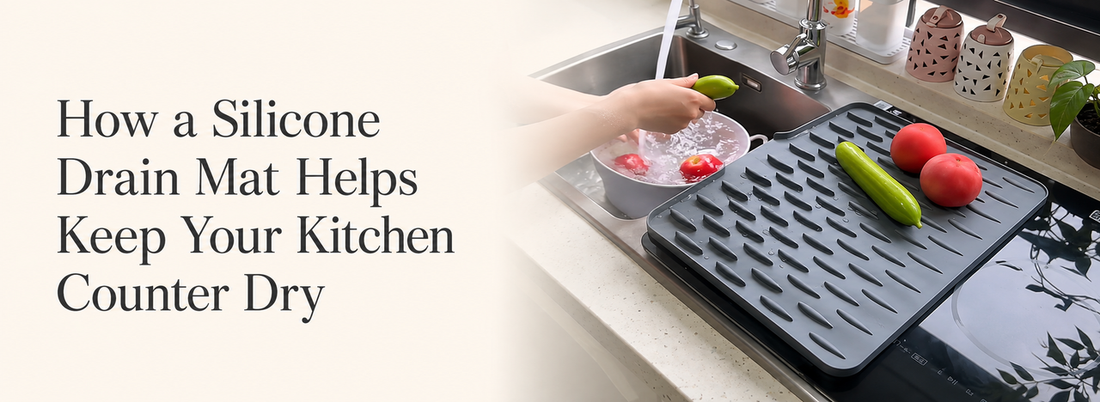 Silicone drain mat beside a kitchen sink, creating a convenient drying area for cups, dishes, and kitchen tools.