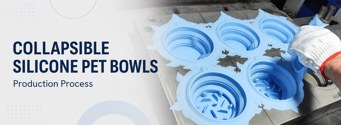 Freshly molded collapsible silicone pet bowls during the VORLIX production process