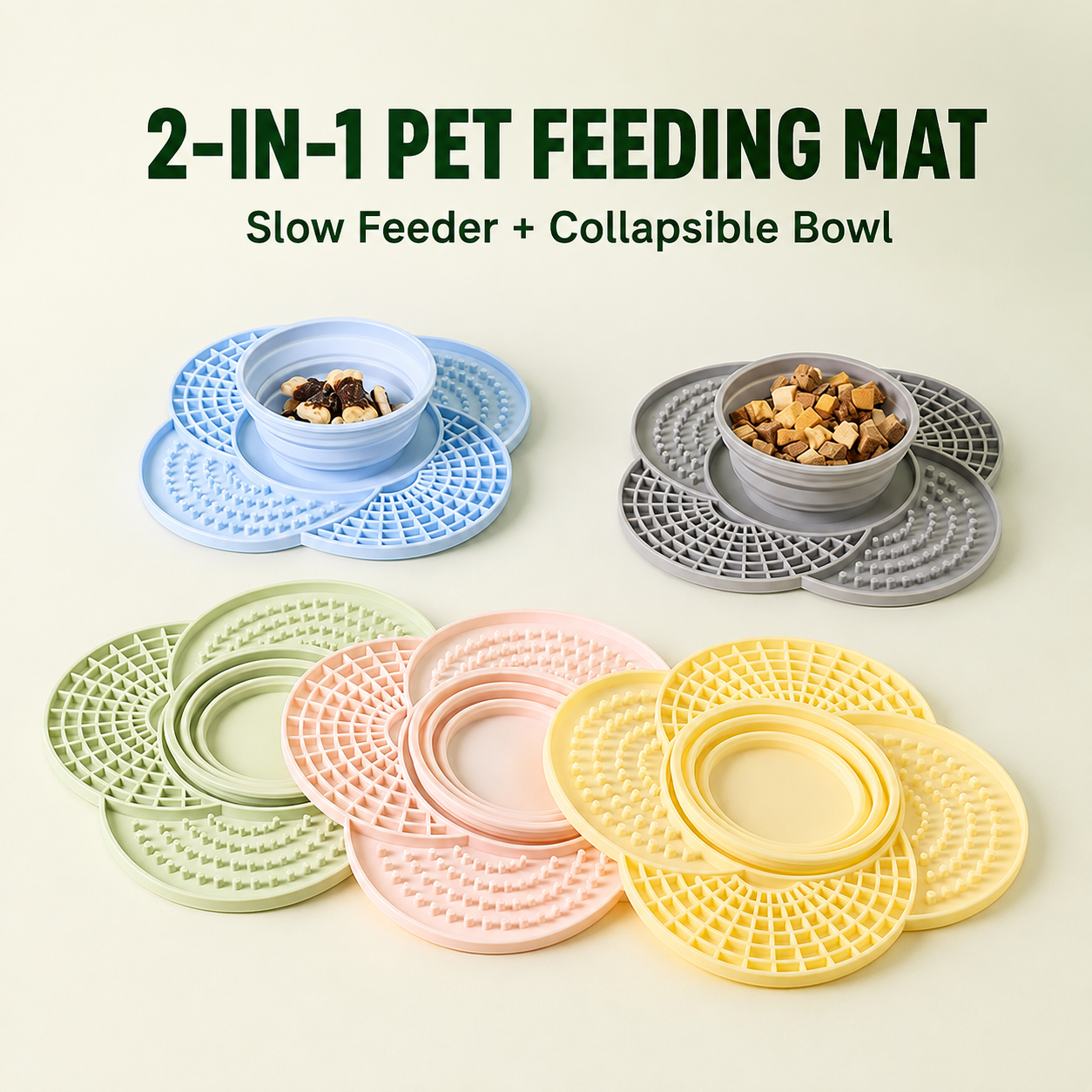 Five-color silicone slow feeder mats with collapsible center bowls