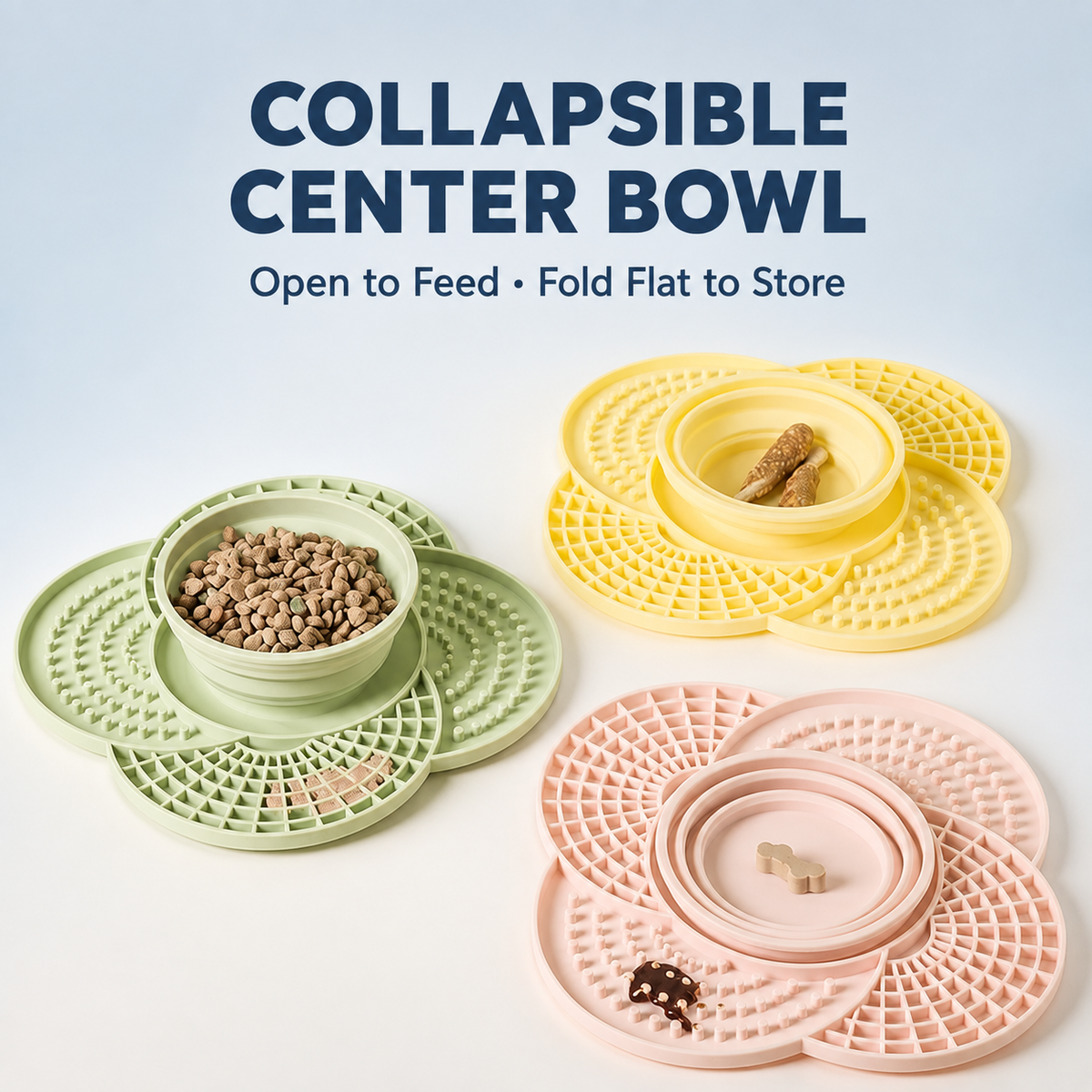 Flower-shaped slow feeder mats for dogs and cats in multiple colors