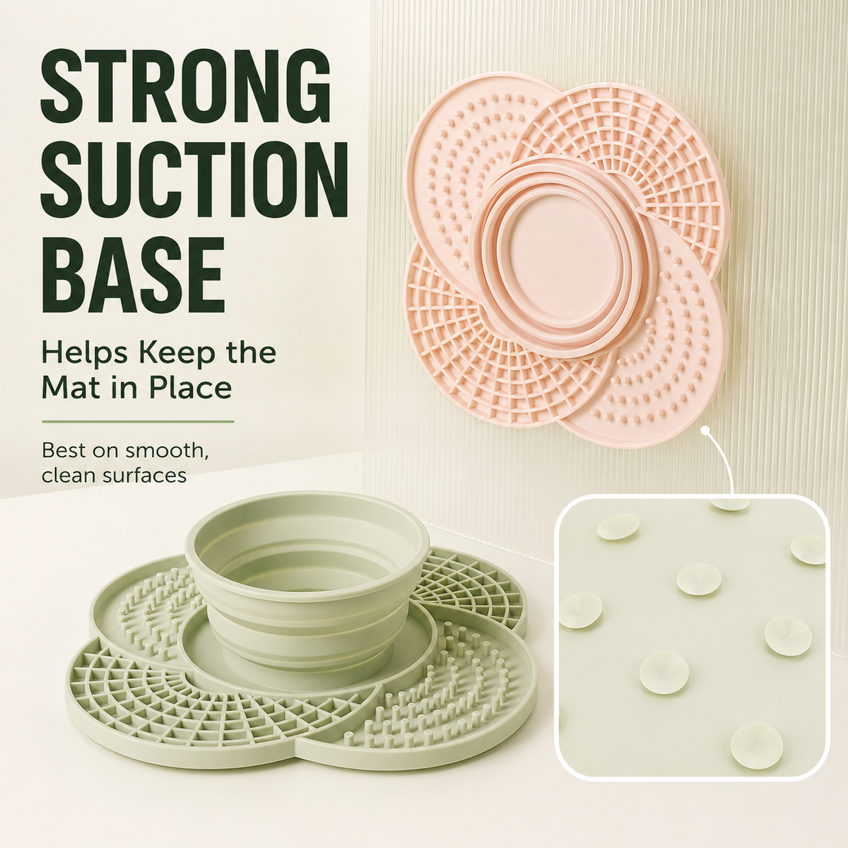 Silicone pet feeding mat with suction base and collapsible bowl