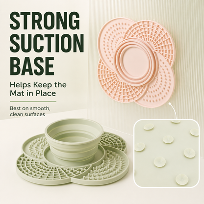 Silicone pet feeding mat with suction base and collapsible bowl