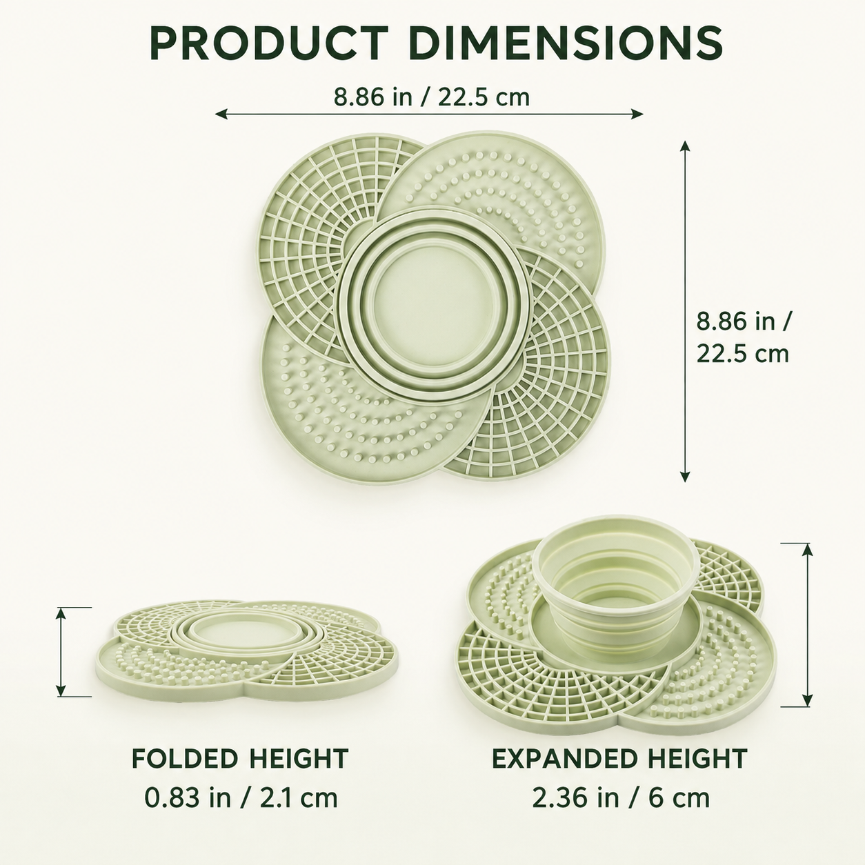 Product dimensions of silicone slow feeder mat with foldable center bowl