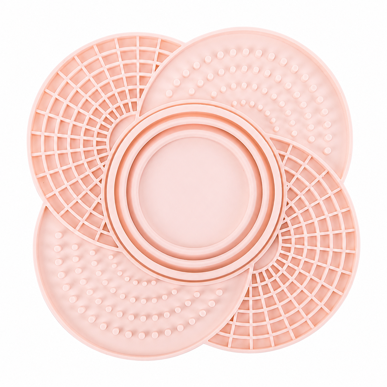 Blush pink silicone slow feeder mat with collapsible bowl