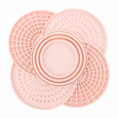 Blush pink silicone slow feeder mat with collapsible bowl