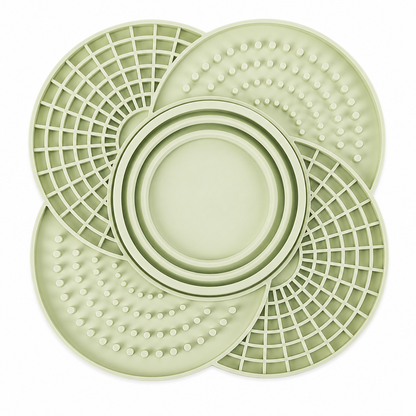 Sage green silicone slow feeder mat with collapsible bowl