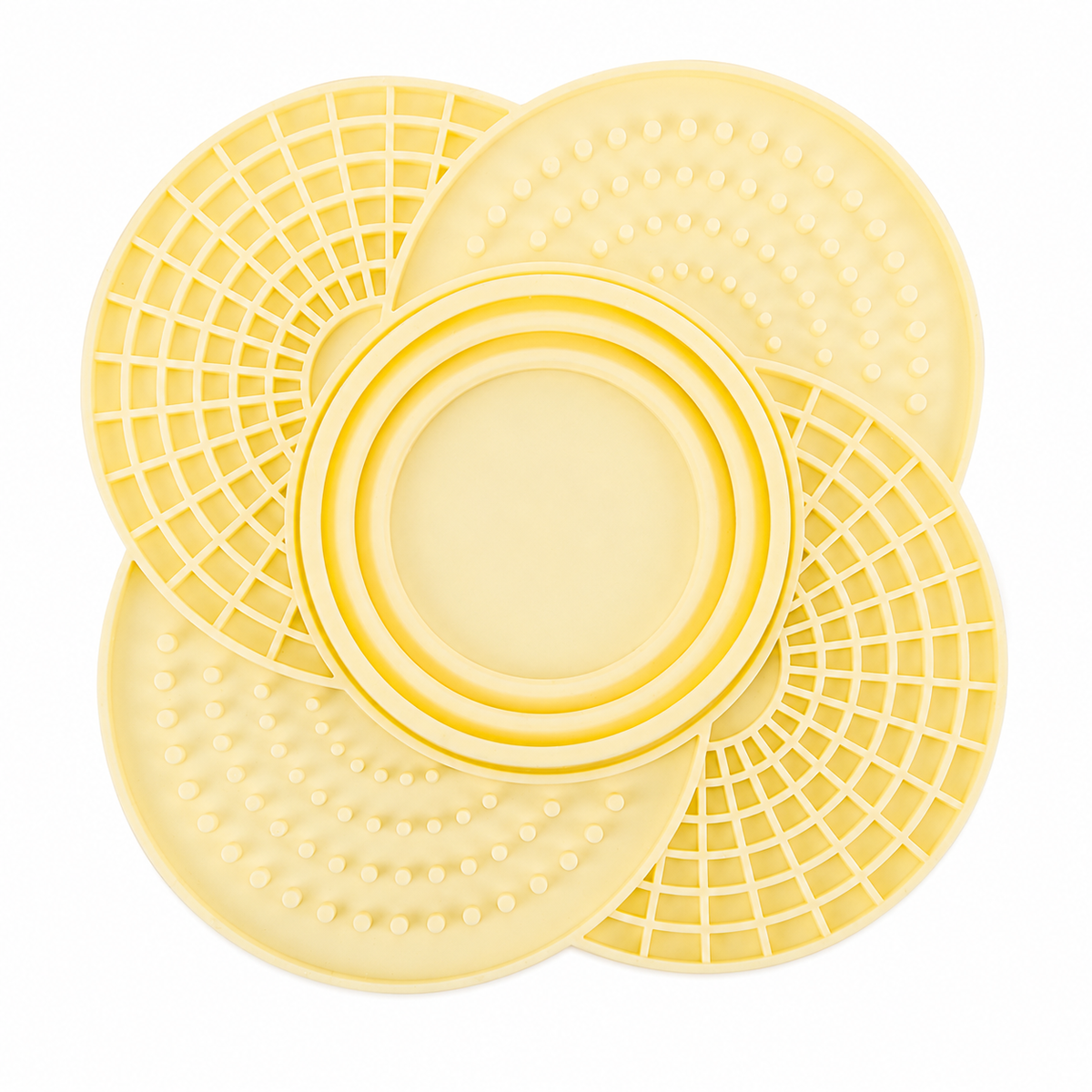 Yellow silicone slow feeder mat with collapsible bowl
