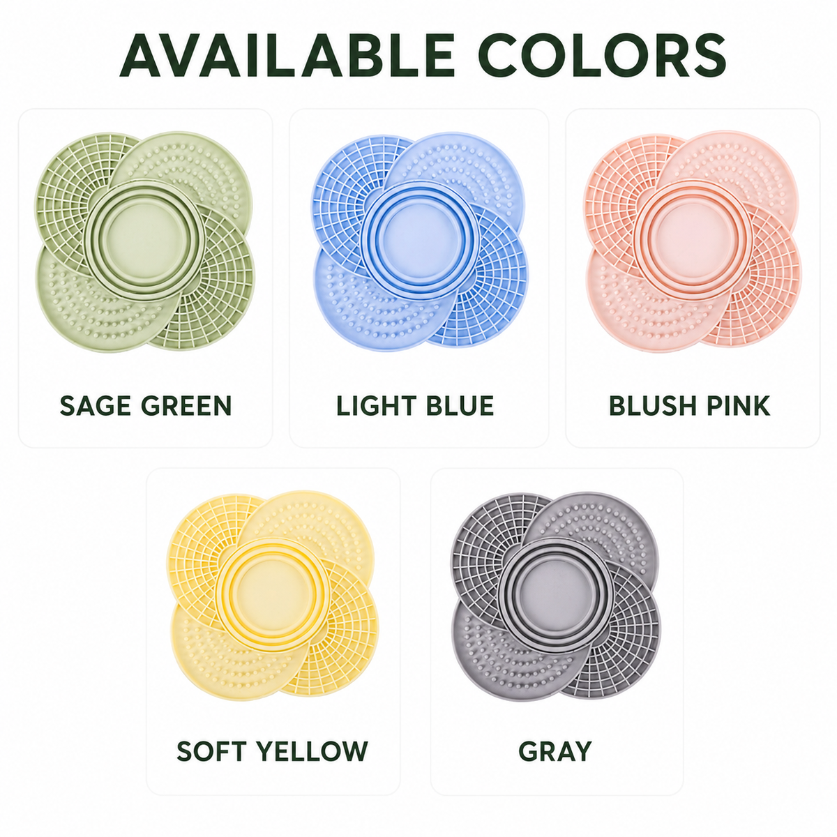 Five available colors of 2-in-1 silicone slow feeder mats with collapsible bowls: sage green, light blue, blush pink, soft yellow and gray.