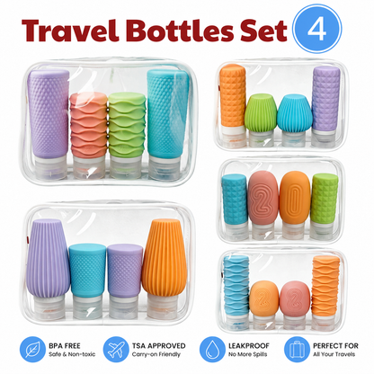 Four-piece refillable silicone travel bottle sets in assorted colors with clear toiletry bags
