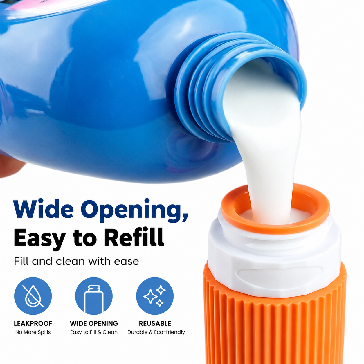 Wide-opening silicone travel bottle being refilled for easy filling and cleaning

