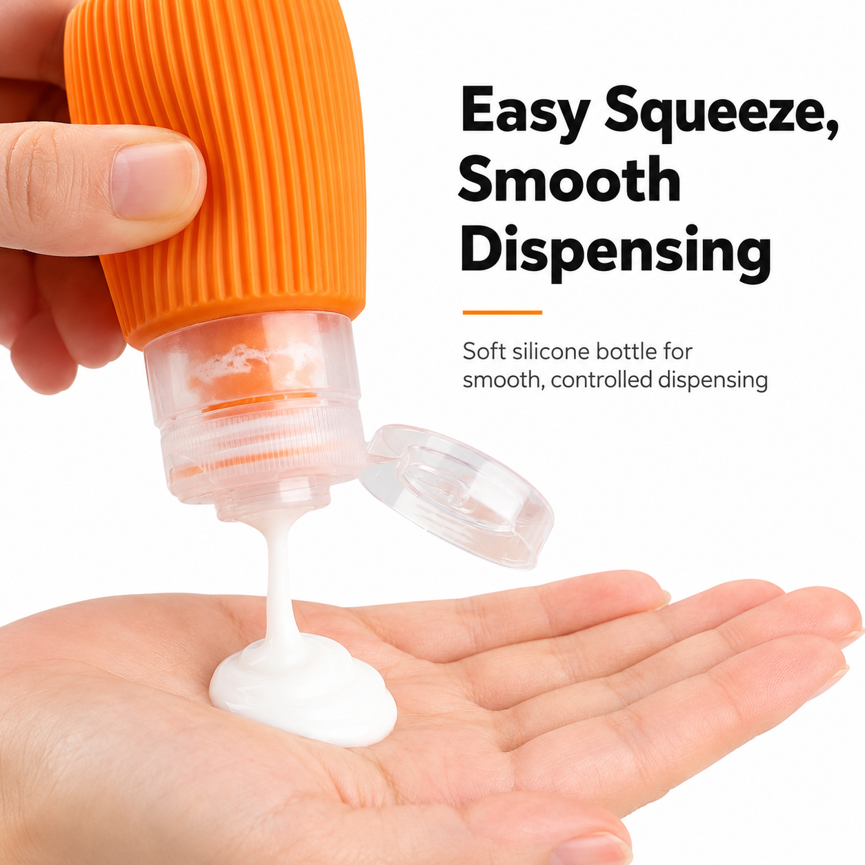 Soft silicone travel bottle dispensing lotion smoothly into a hand
