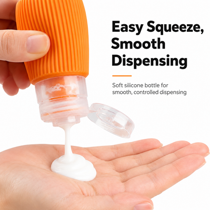 Soft silicone travel bottle dispensing lotion smoothly into a hand
