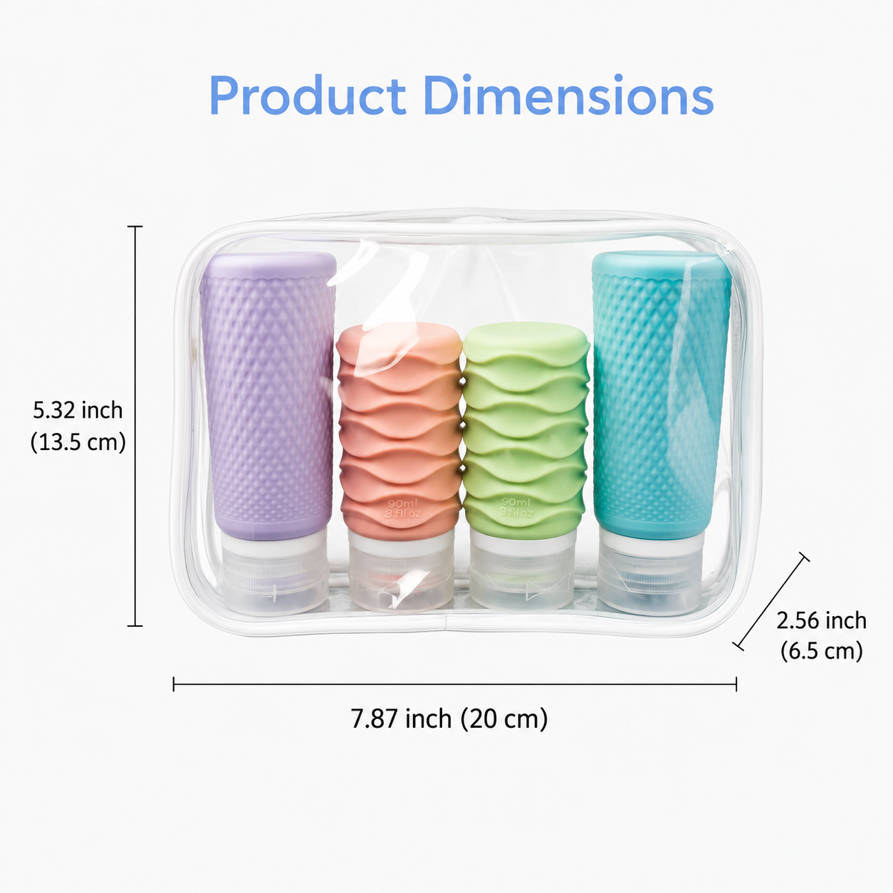 Four-piece silicone travel bottle set with clear bag measuring 20 x 13.5 x 6.5 cm