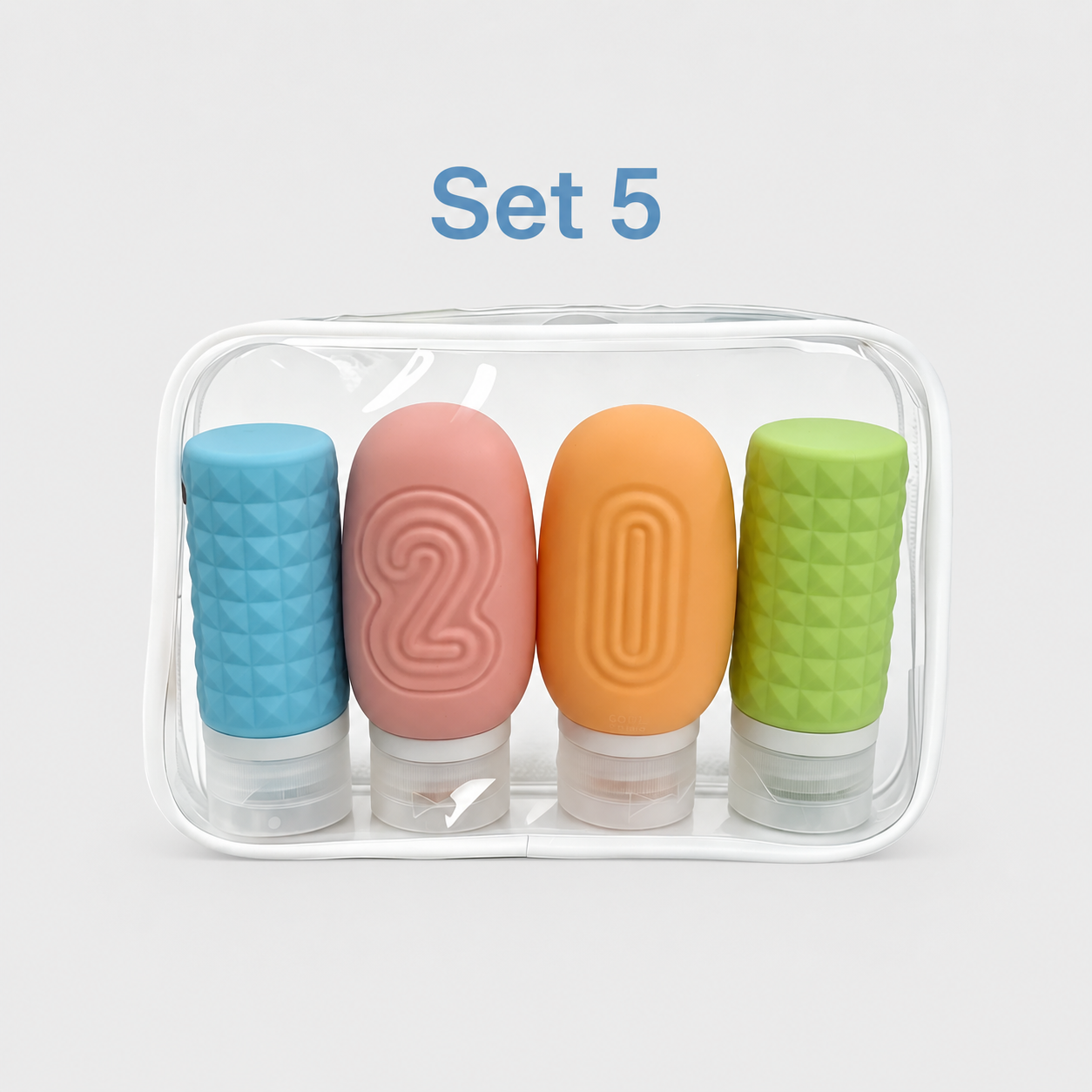 Set  5 our-piece silicone travel bottles in purple pink green and blue with clear bag