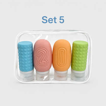Set  5 our-piece silicone travel bottles in purple pink green and blue with clear bag