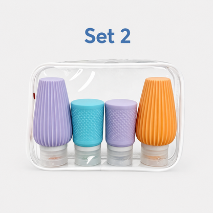 Set 2 four-piece silicone travel bottles in purple pink green and blue with clear bag