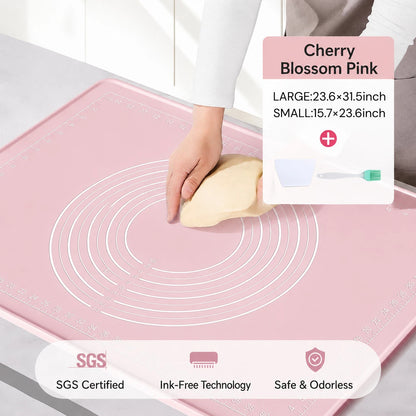Cherry Blossom Pink silicone pastry mat with dough scraper and pastry brush