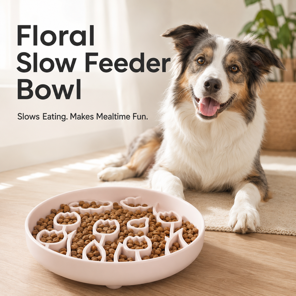 Silicone floral slow feeder bowl for dogs with raised garden patterns and suction base