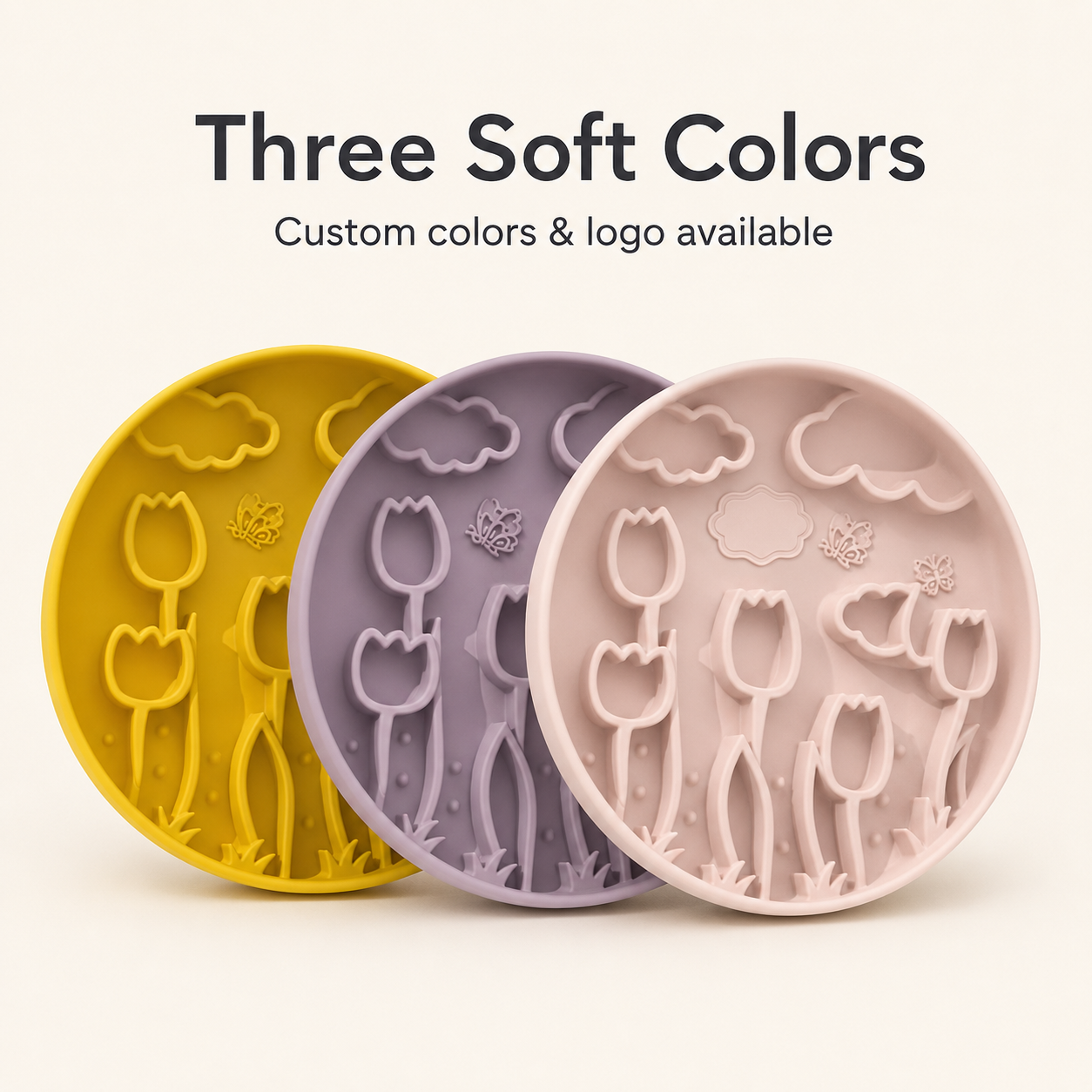 Lemon yellow, lavender purple, and sakura pink silicone pet slow feeder bowls with raised floral garden patterns