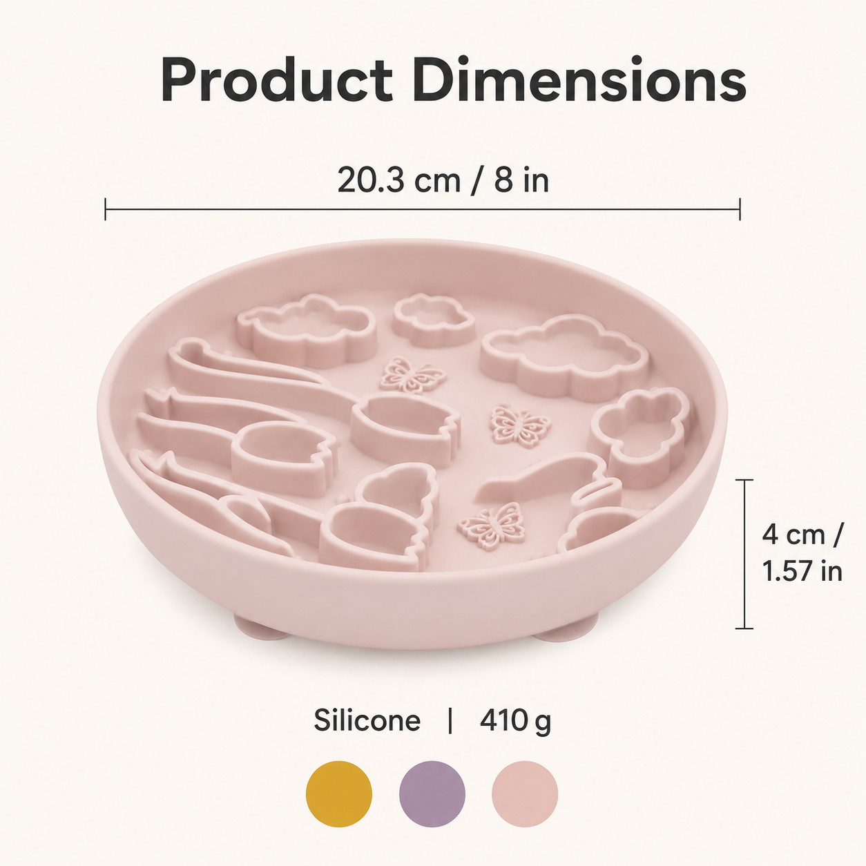 Sakura pink silicone pet slow feeder bowl measuring 20.3 cm wide and 4 cm high, weighing 410 g