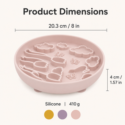 Sakura pink silicone pet slow feeder bowl measuring 20.3 cm wide and 4 cm high, weighing 410 g