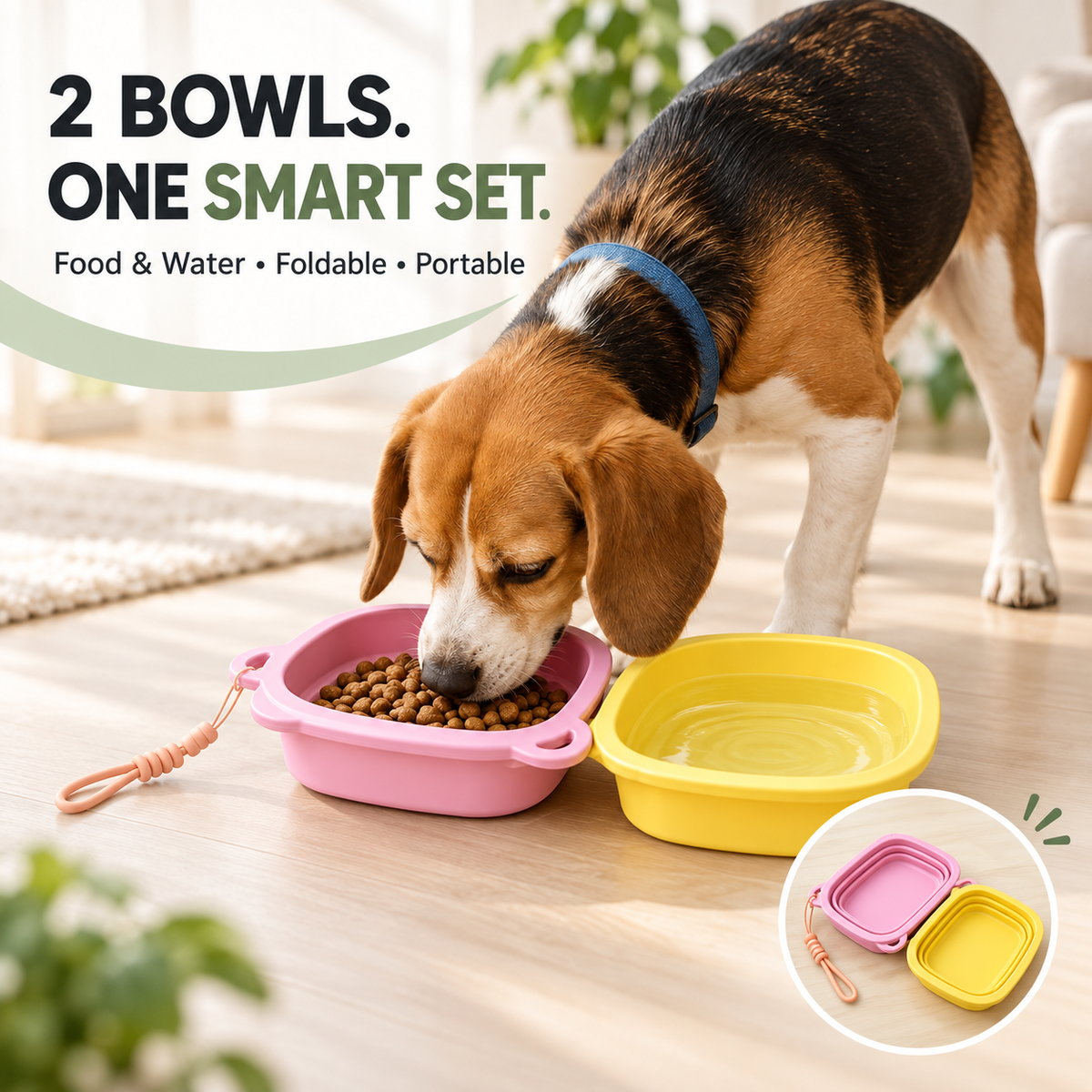 Two pet bowls used separately for food and water