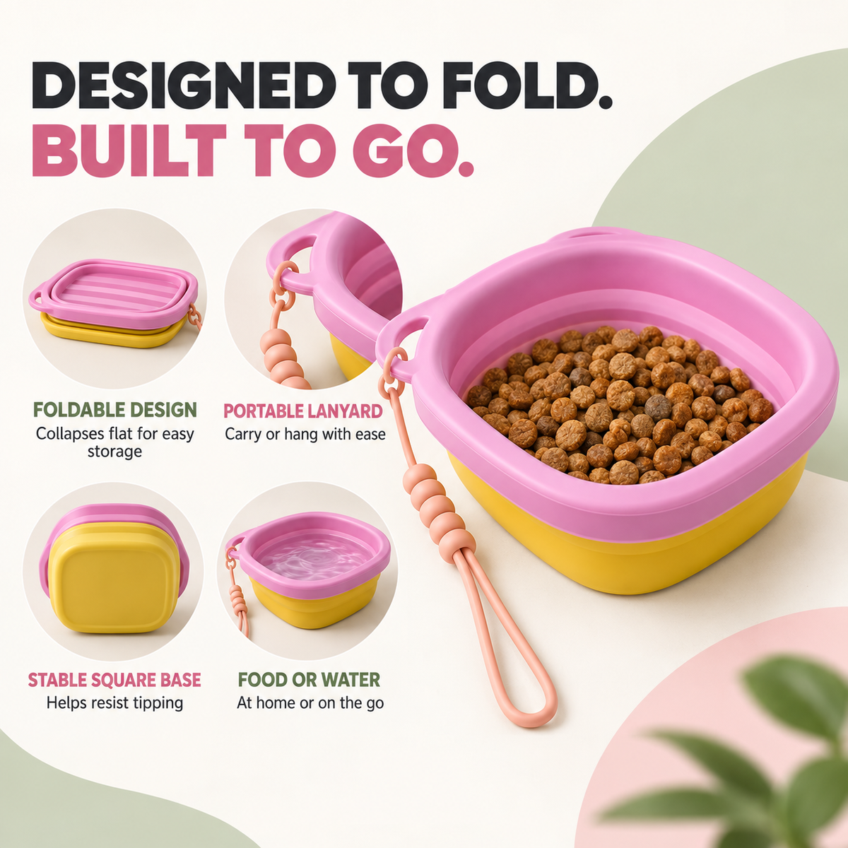 Pink and yellow foldable pet feeding bowl showing its compact design, carrying loop, stable base, and use for food or water.