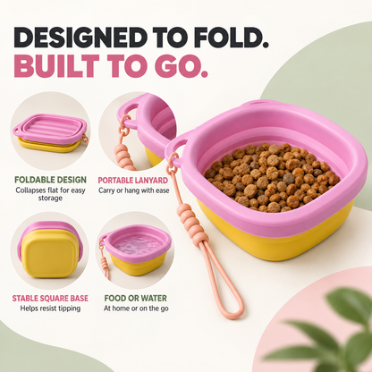 Pink and yellow foldable pet feeding bowl showing its compact design, carrying loop, stable base, and use for food or water.