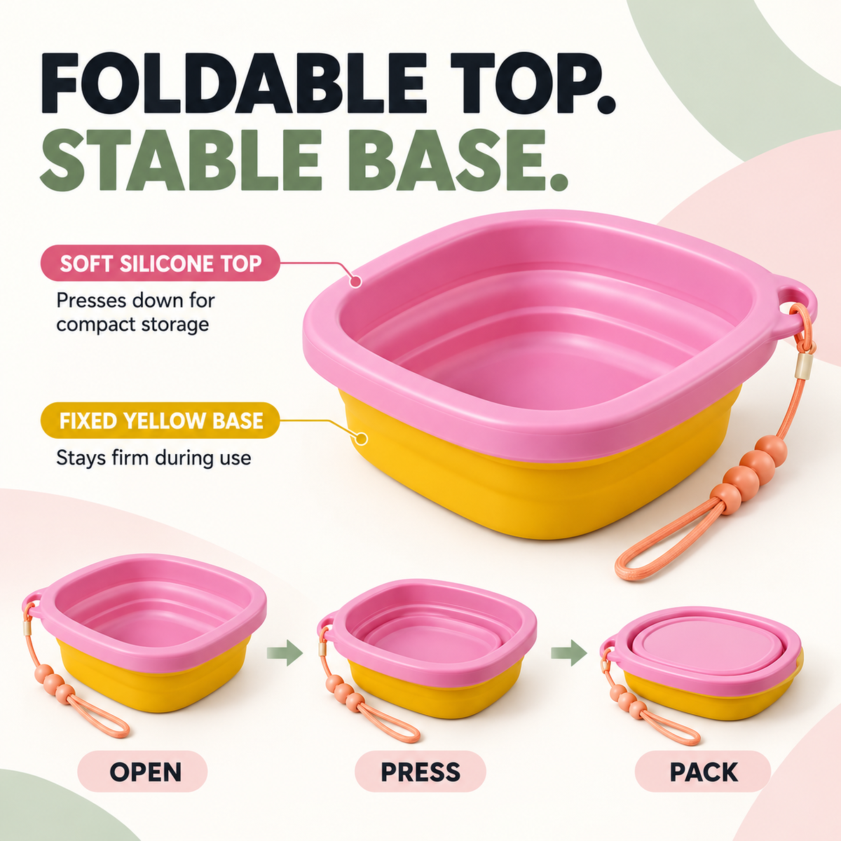 Pet feeding bowl shown open, folded and ready to carry