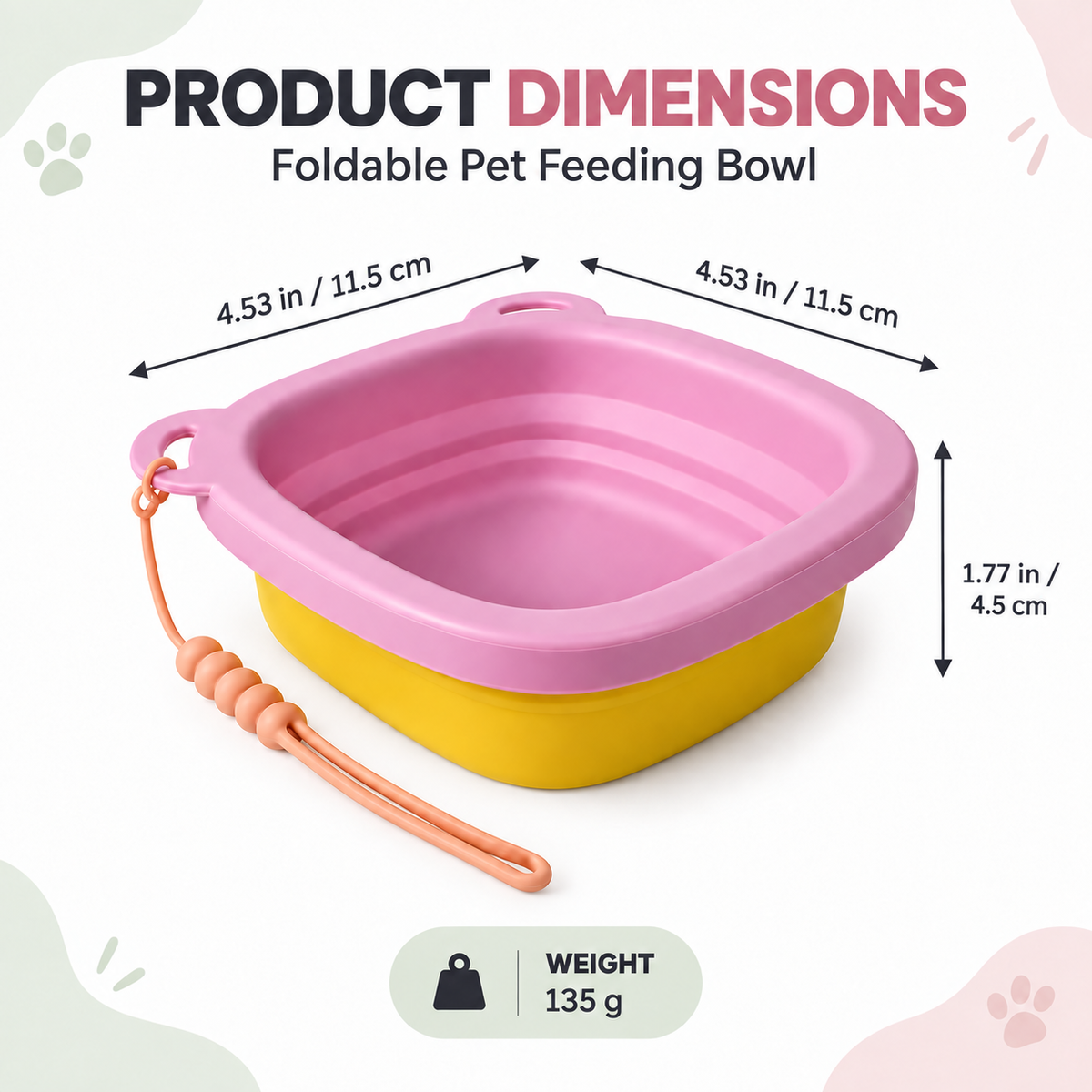 Foldable pet feeding bowl measuring 4.53 by 4.53 by 1.77 inches