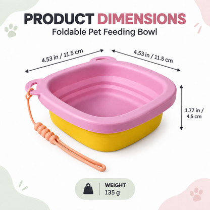 Foldable pet feeding bowl measuring 4.53 by 4.53 by 1.77 inches