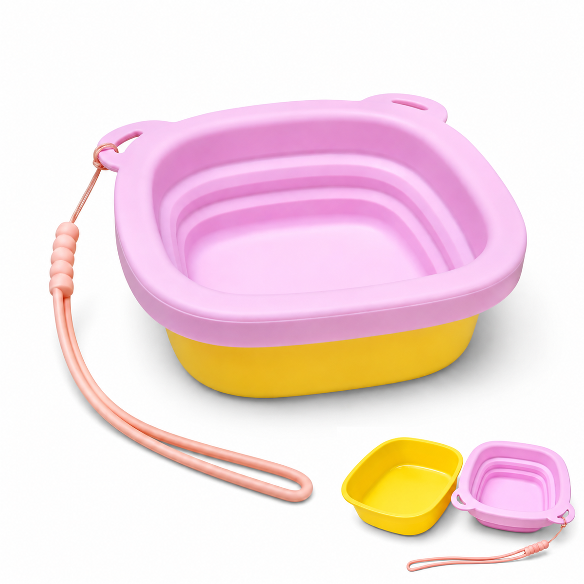 Pink and yellow foldable pet feeding bowl for dogs and cats