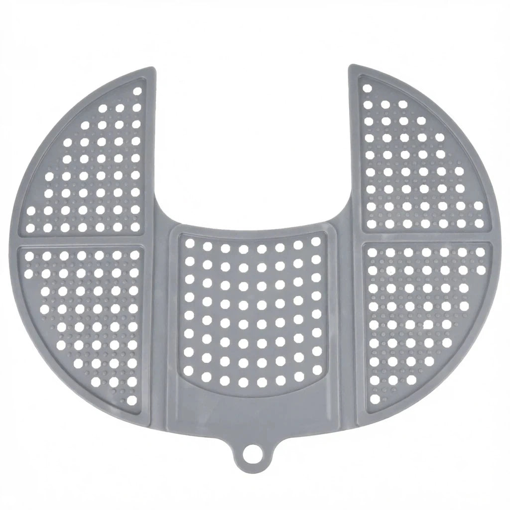 Gray foldable silicone makeup sink topper mat with perforated drainage design
