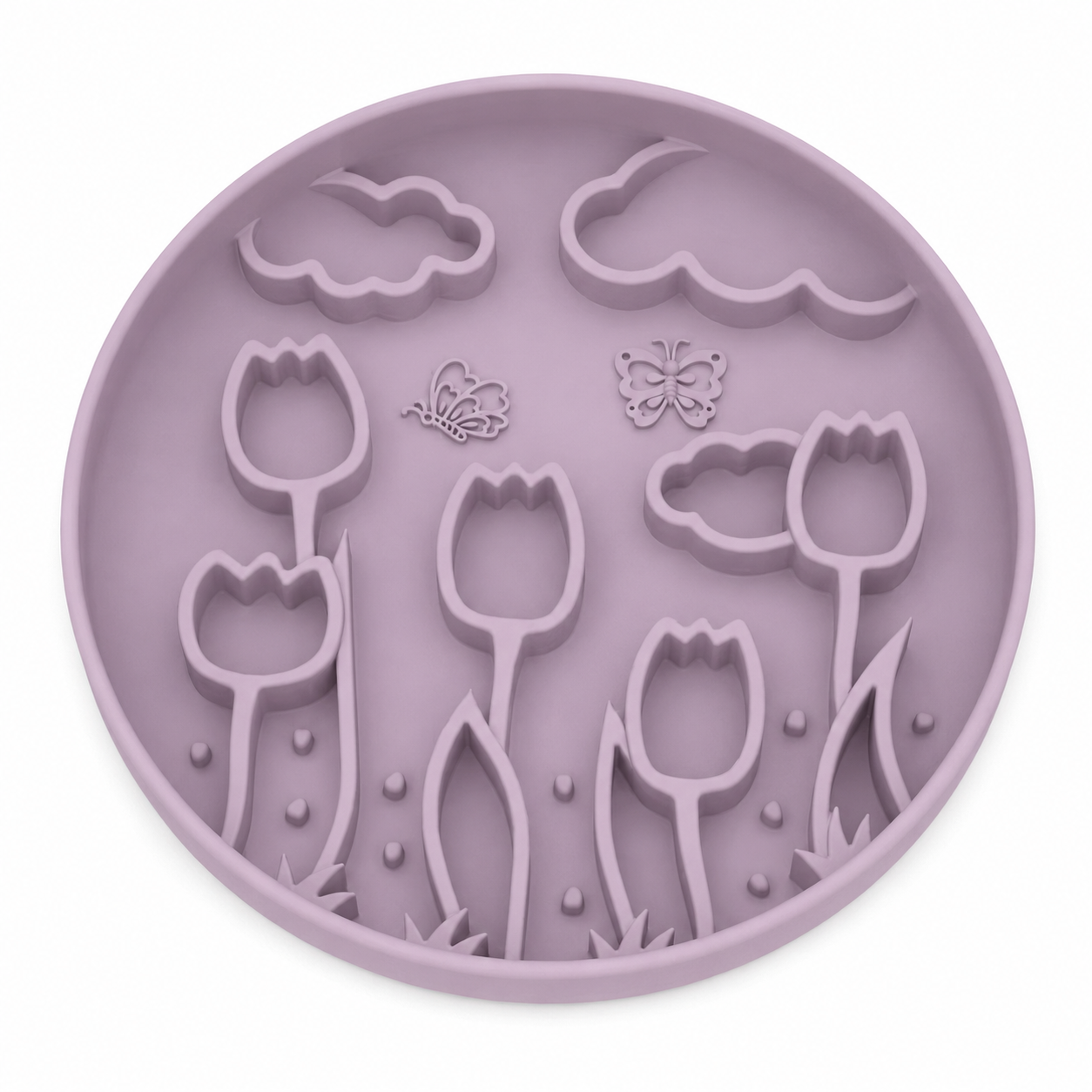 Lavender Purple silicone pet slow feeder bowl with raised tulip, butterfly, cloud, and floral garden patterns