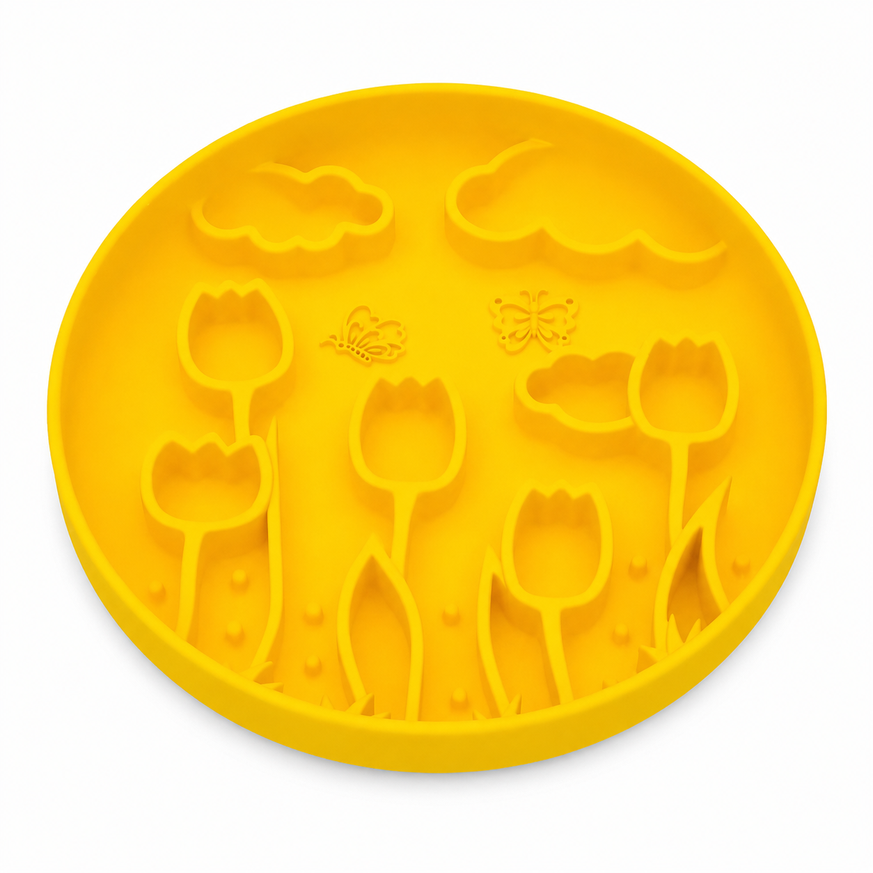 Lemon Yellow silicone pet slow feeder bowl with raised tulip, butterfly, cloud, and floral garden patterns