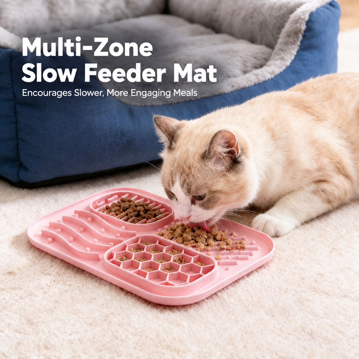 Cat using a pink multifunctional silicone slow feeder and lick mat