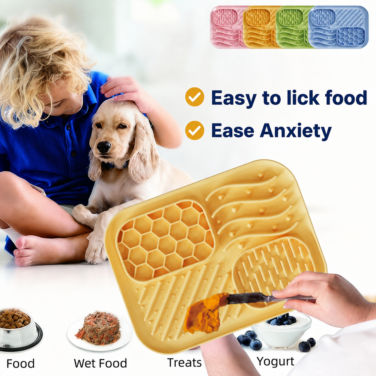 Dog with a multi-zone silicone slow feeder mat for different pet foods
