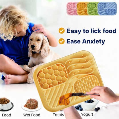 Dog with a multi-zone silicone slow feeder mat for different pet foods