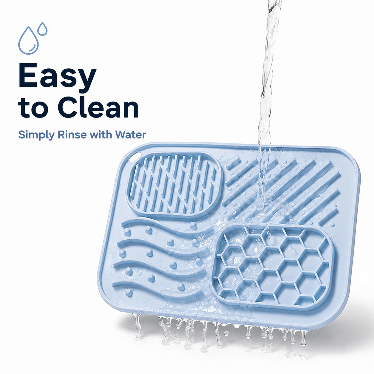 Blue silicone slow feeder and lick mat being rinsed with water