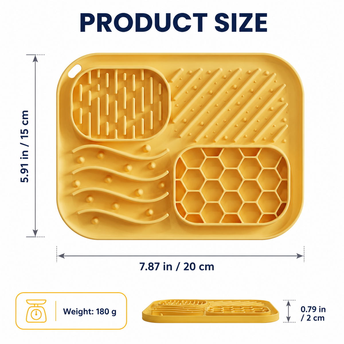 Silicone slow feeder mat measuring 20 by 15 by 2 cm